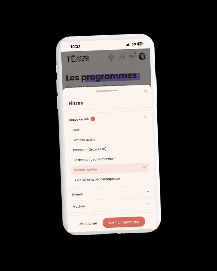 Filtre par étape de vie dans l'application Studio Témé